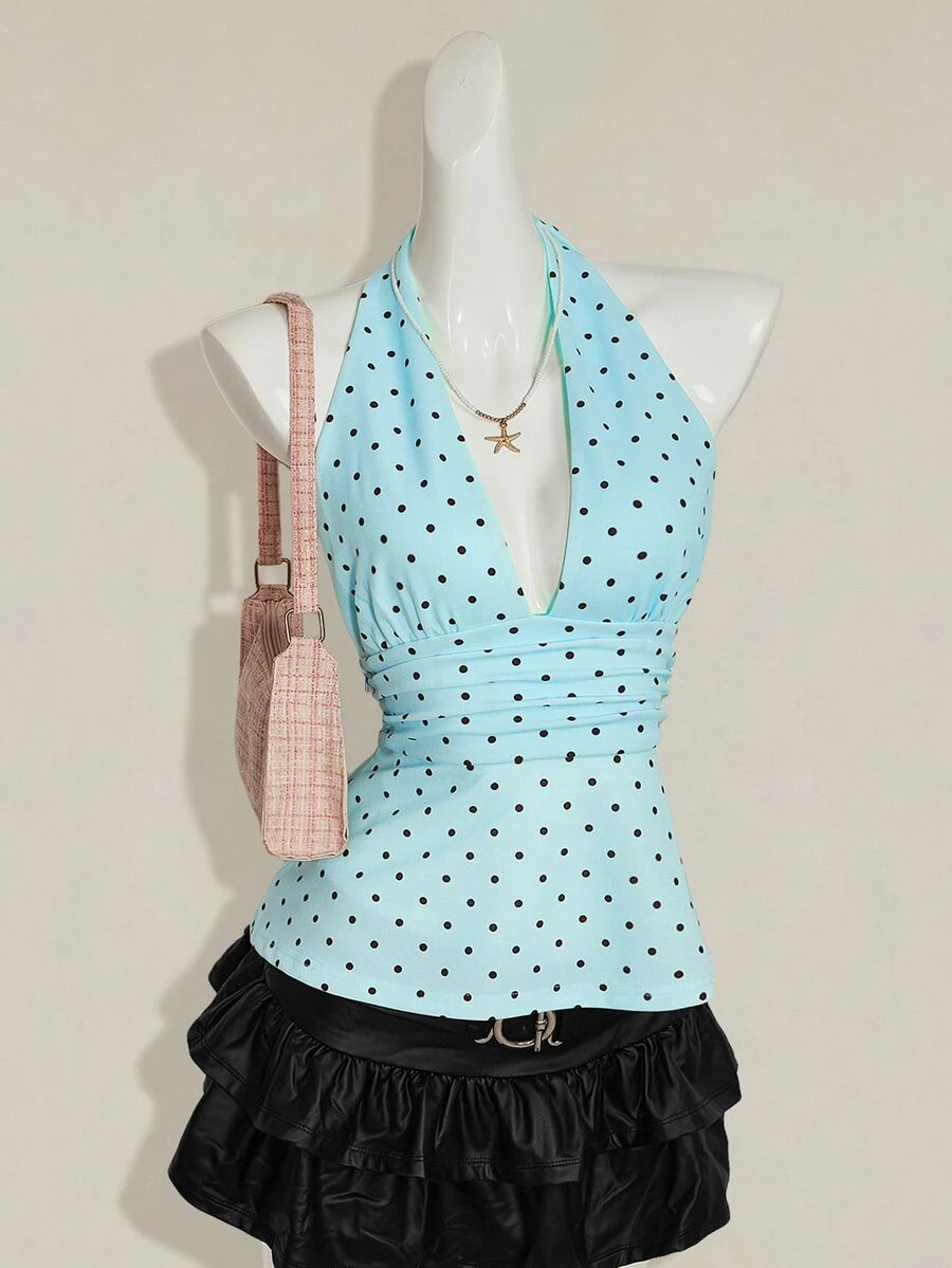 SHEIN ICON 掛脖深V領收腰A字露背波點背心上衣 - 淺藍色 - 查看 1