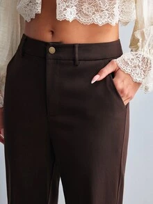 Willow Rêve Women's Solid Color Pocket Casual Daily Flare Long Pants - Brown - View 3