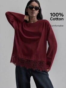 Ontre 2026SS 女款蕾絲拼接圓領上衣，簡約優雅，適合辦公室穿著、專業正裝、休閒穿搭，百搭都市現代風，接待員制服，返校穿搭，女款上衣，寬鬆版型，長袖，2026春夏假期與節慶穿搭，時尚百搭 - 酒紅色 - 查看 6