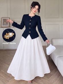 Modelyn Women's Round Neck Metal Button Top & Solid Color Skirt Fashion Elegant Set - Navy Blue - View 2