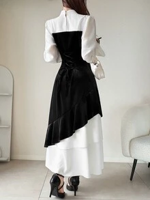 FRIFUL Women's Elegant Long Dress With Stand Collar And Bow Decor, 2 In 1 Design - Black - View 6