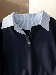 SHEIN 8-12歲女童海軍藍假兩件式針織毛衣，搭配藍白條紋襯衫領，落肩半開鈕扣前襟短版套頭上衣，學院風休閒上衣，適合春秋穿著 - 藏蓝色 - 查看 4