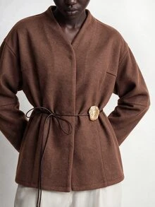 Aalyst Mantel Siluet Campuran Wol dengan Sabuk Logam untuk Wanita - Coffee Brown - View 6