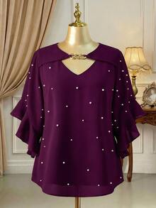 Rometta Plus Size Hollow Neck Ruffle Sleeve Solid Color Blouse - Red Violet - View 1