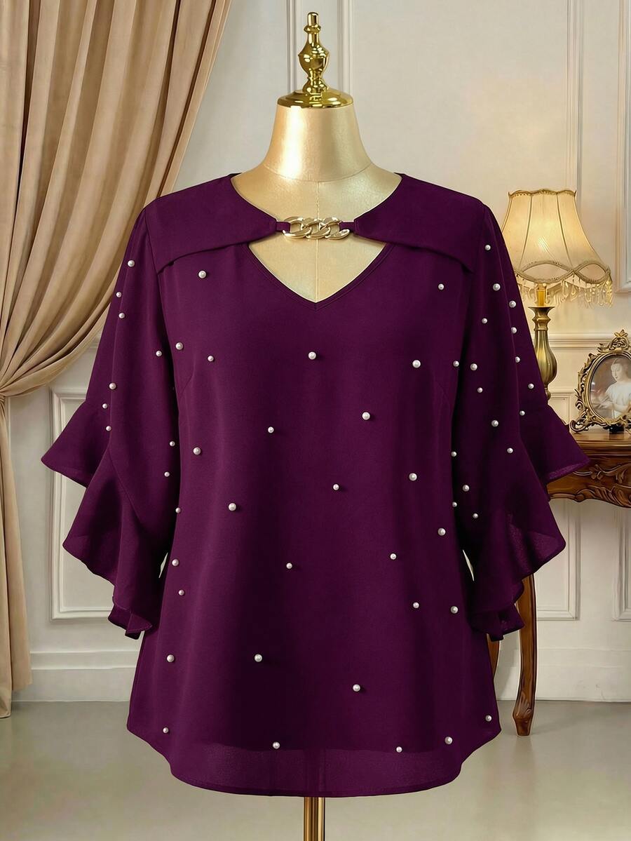 Rometta Plus Size Hollow Neck Ruffle Sleeve Solid Color Blouse - Red Violet - View 1