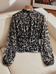 SHEIN Clasi 女款性感豹紋抓皺收腰上衣 - 灰色 - 查看 2