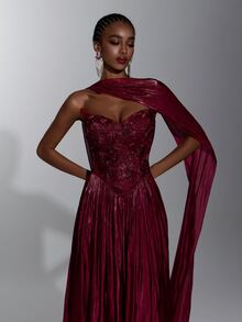 Elitara Burgundy Strapless Ruched Waist Floor-Length Evening Dress With 3D Floral Applique, Formal Wedding Guest Gown For Women (Heavy Embellished Style) - Burgundy - View 8