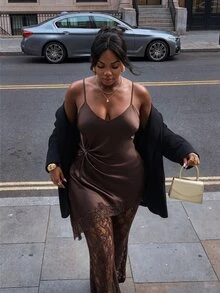 Firerie Plus Size Women Solid Color Contrast Lace Asymmetric Hem Camisole Top And Flare Pants Elegant Set - Coffee Brown - View 8