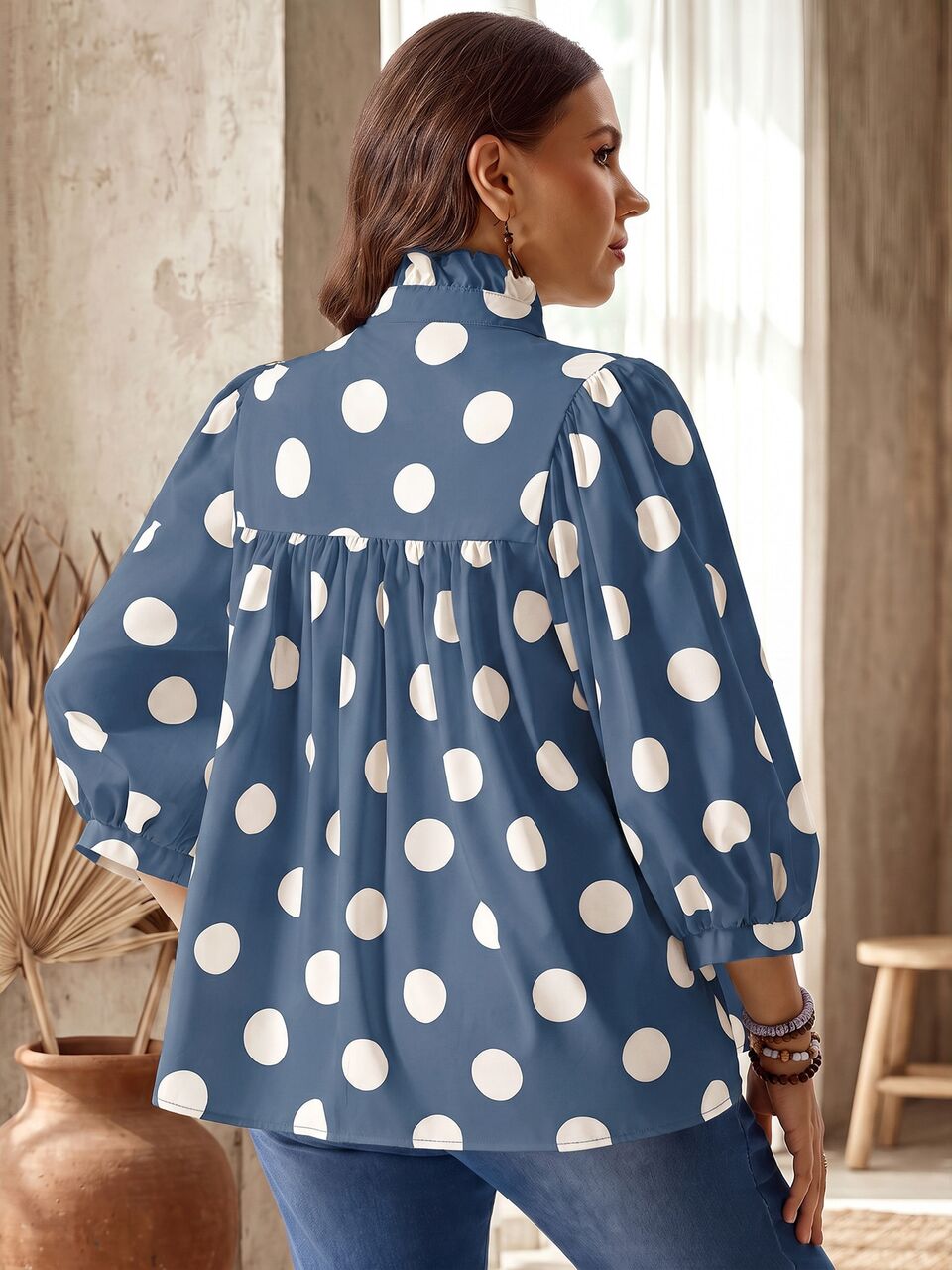 Plus Size Women Polka Dot Pattern Notch V-Neck Loose Casual Blouse