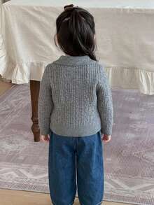 DAZY Baby Girl Button Half-Placket Embroidered Long Sleeve Sweater - Grey - View 10
