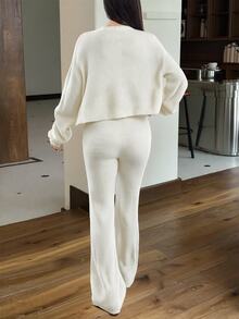 SHEIN EZwear 2件組女款休閒純色寬肩帶開襟衫與抽繩腰寬腿褲套裝，秋季/旅行黑色 - 杏色 - 查看 2