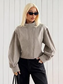 SHEIN EZwear 女款素色拉鍊休閒日常長袖夾克 - 卡其色 - 查看 6