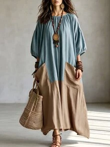 Wandoria Vintage Distressed Washed Denim & Linen Patchwork Loose Fit Dress, Round Neck With Gathered Detail, Lantern 3/4 Sleeves, Dual Side Pockets, Asymmetrical Hem, Casual Vacation Style - Multicolor - View 3