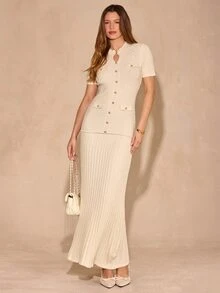 Enchnt Elegant Button Decor Round Neck Short Sleeve Fitted Sweater Dress Suitable For Daily Wear - Apricot - View 4
