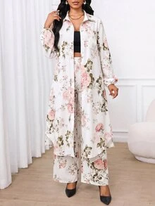 SHEIN Lady Women's All-Over Floral Print Casual Long Shirt & Pants 2 Pieces Set - Multicolor - View 6