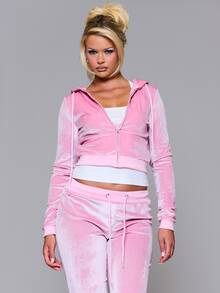 MUSERA Hoodie Beludru dengan Resleting dan Pinggang Berkerut untuk Sehari-hari, Cocok untuk Musim Gugur dan Musim Dingin, Kembali ke Sekolah, Warna Pink Pony. - Berwarna merah muda - View 1