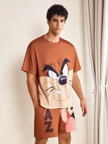 LOONEY TUNES X SHEIN Men's Cartoon Print Short Sleeve Top And Shorts Loungewear Set - Brown - View 4