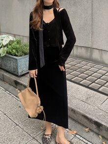 FRIFUL Women's Autumn Solid Color Velvet Fabric Camisole Dress & Cardigan 2 Pieces Set - Black - View 9