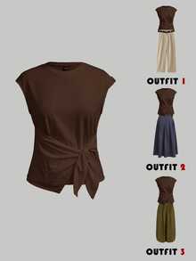 Maija Women's Solid Color Pleated Casual Daily T-Shirt - Brown - View 2