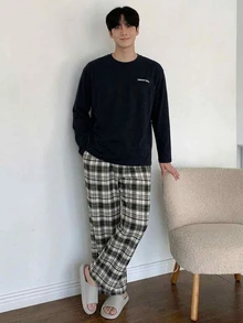 DAZY Spring/Autumn Letter Print T-Shirt & Plaid Pants Men's Loungewear Set - Black - View 4
