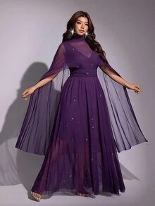 Viva Relle Plus Size Premium Rhinestone Sheer Loose Fit A-Line Evening Dress - Purple - View 1