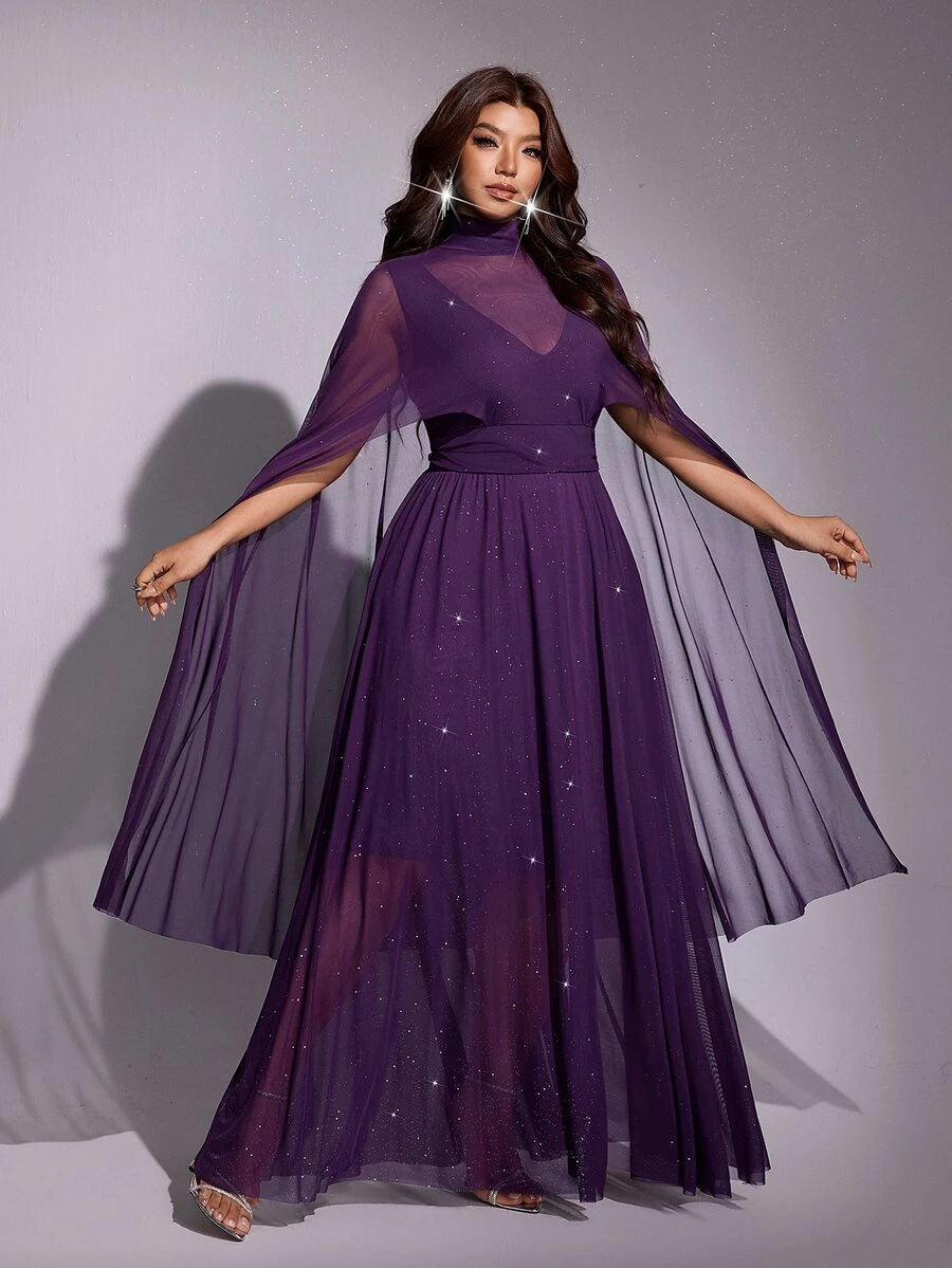 Viva Relle Plus Size Premium Rhinestone Sheer Loose Fit A-Line Evening Dress - Purple - View 1
