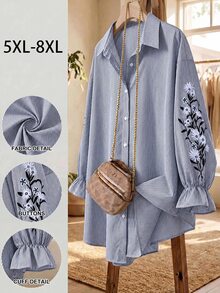 SHEIN CURVE+ 大尺碼女款休閒條紋襯衫，長袖刺繡鈕扣上衣，戶外上衣 - 黑與白 - 查看 1