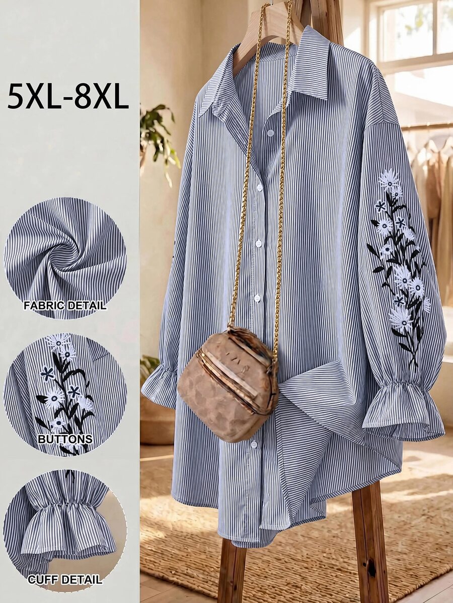 SHEIN CURVE+ 大尺碼女款休閒條紋襯衫,長袖刺繡鈕扣上衣,戶外上衣 - 黑與白 - 查看 1
