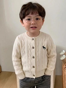 Hapijoa Infant (Boy) Round Neck Cable Knit Cartoon Embroidered Long Sleeve Solid Color Sweater - White - View 7