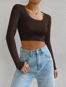 SHEIN X Antonella SHEIN EZwear 秋冬款白色圓領羅紋針織短版毛衣 - 咖啡棕 - 查看 3
