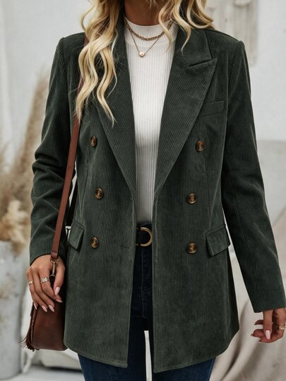 Vionelle Plus Size Vintage Dark Green Corduroy Double-Breasted Blazer For Women, Loose Fit Flattering Casual Suit Jacket, Classic Notch Lapel, Vertical Striped Corduroy Fabric Soft And Slimming, Dual Side Pockets Practical And Versatile, Mid-Length Design Hiding Hips And Belly, Suitable For Daily Commute And Casual Outings, Pairs Well With Slimming Outerwear Tops