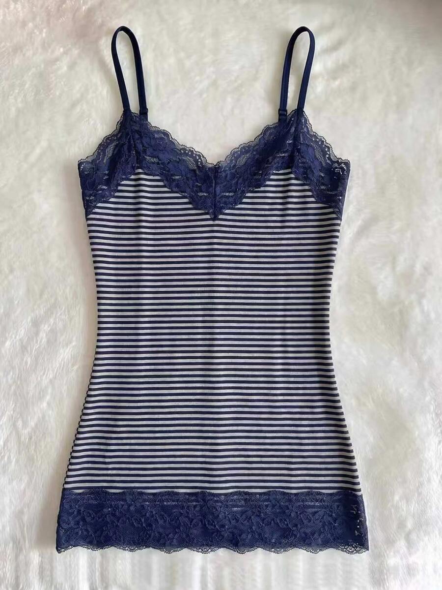 IslaSuriya Women's Fitted Lace Patchwork Striped Camisole Tank Top - Navy Blue - View 1