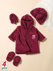 SHEIN 3件組新生女嬰毛絨外套道具套裝，可愛甜美酒紅色毛茸茸皇冠頭巾，長袖連帽加厚款，適合派對、冬季與假期 - 酒紅色 - 查看 7