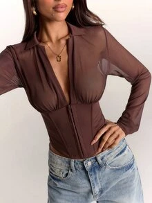 SHEIN BAE Women's Solid Color Zipper Slim Fit Versatile Daily Wear Long Sleeve Top - Brown - View 7