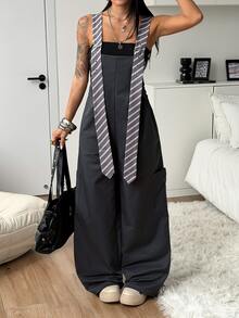 StreetHx High Street Tie Strap Overall Jumpsuit For Women, Spring/Autumn New Style, Large Pockets, Cargo Style, Loose Drape Wide Leg One-Piece - Dark Grey - View 4