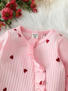 SHEIN 女嬰 2 件套愛心印花羅紋長袖連身包屁衣與蝴蝶結帽子，0-12M 新生兒嬰兒套裝 - 粉色 - 查看 7