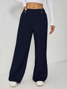 SHEIN PETITE Women's Elegant Double Button Straight Office Pants - Dusty Blue - View 3