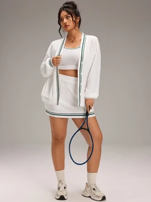 EMERY ROSE Plus Size Contrast Color Wide Strap Tank Top & Bodycon Mini Skirt & Knit Cardigan, Suitable For Sports Wear - White - View 2