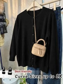 SHEIN CURVE+ Plain Casual Long Sleeve Plus Size Cardigan In Fall/Winter - Black - View 6