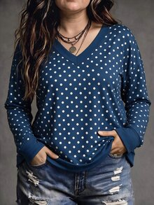 SHEIN LUNE 新款大尺碼女款時尚休閒百搭波點印花V領長袖衛衣 秋季 - 彩色 - 查看 1