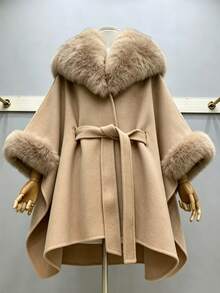 SHEIN Franclia Mantel Wol Wanita Lengan Panjang Cokelat Baru yang Melangsingkan Pinggang - Coklat - View 1