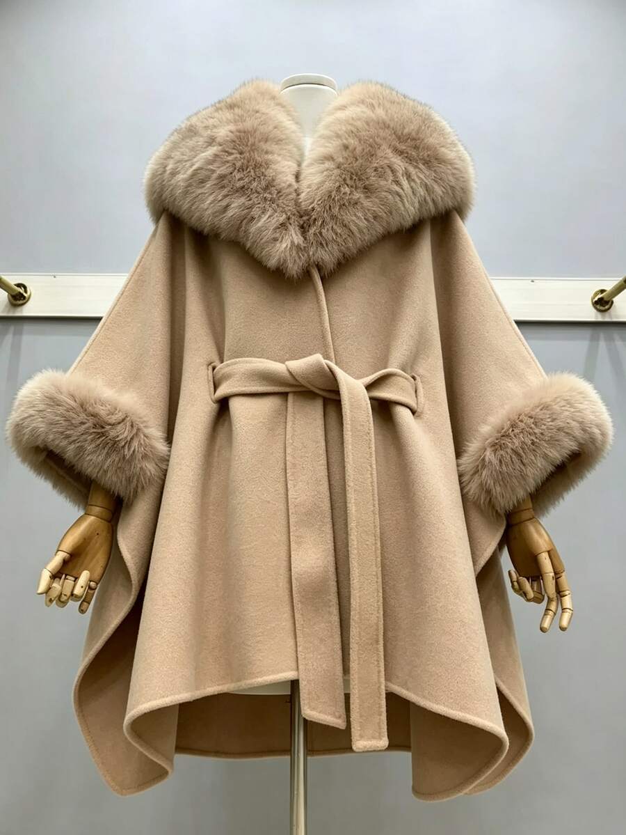 SHEIN Franclia Mantel Wol Wanita Lengan Panjang Cokelat Baru yang Melangsingkan Pinggang - Coklat - View 1