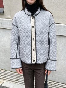 Selianne Diamond Quilted Padded Short Jacket, Contrast Color Placket, Stand Collar, Single-Breasted, Large Pockets, Loose Fit, Light Grey, Fall Women - Grey - View 6