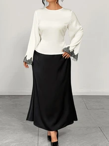 Elenzga Plus Size Elegant Commuter Style Long Sleeve Top Flared Skirt 2 Pieces Set Brunch Office All White Black Fall - Black - View 5