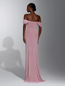 Elitara Elegant Pink Off-Shoulder Sleeveless Evening Gown With Metal Shoulder Buckle, Waist Fish-Tail Applique, Sheer Mesh Pleats, Handmade Hemp Rope Decor, Fish-Tail High Slit Side Drape, Suitable For Spring/Summer Dates, Vacations, Bachelorette Parties, Weddings, Events, Graduation, Back To School, Heavy Embellished Formal Party - Dusty Pink - View 4