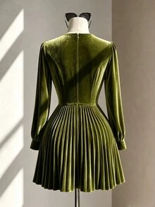 Fine & Folde Women's Elegant Romantic Velvet Pleated Beaded Dress - Olive Green - View 2