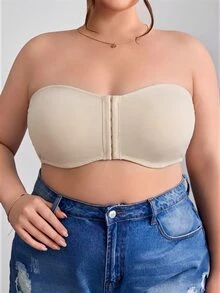 SHEIN CURVE+ 前拉鍊大尺碼收胸加墊內衣背心，Curve Plus，Hoho Vacation - 杏色 - 查看 1