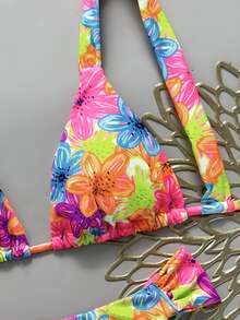 SHEIN Swim Women's Sexy Beach Vacation Bikini Set, Spring/Summer, Multi-Color Fashion Popular Colors, Halter Tie + Back Tie Bikini Top, Sexy Ruched Back + Side Ruched Waist Design Bikini Bottom, Street Style Music Festival Party Pool Swimsuit - Multicolor - View 3