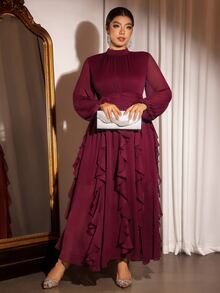 Cravure Gaun Pesta Elegan Ukuran Plus untuk Wanita, Cocok untuk Acara Perjamuan, Ulang Tahun, Kencan, Lengan Panjang dengan Hiasan Rumbai di Bagian Bawah. - Red Violet - View 7