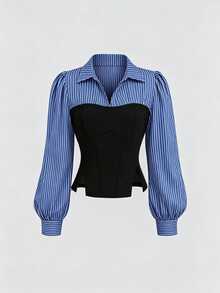 GlowEve CURVE Women's Autumn Design Elegant Slim Fit Solid Color Patchwork Striped Hem Split Long Sleeve Blouse, Suitable For Daily Wear, Shopping, Dating And Commuting, Also An Ideal Choice For Back To School Season, Versatile Style. - Multicolor - View 3